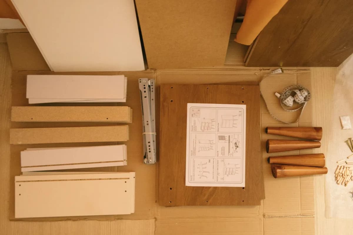 Furniture panels, drawer runners, wooden dowels and an instruction sheet laid out flat on cardboard on the floor.