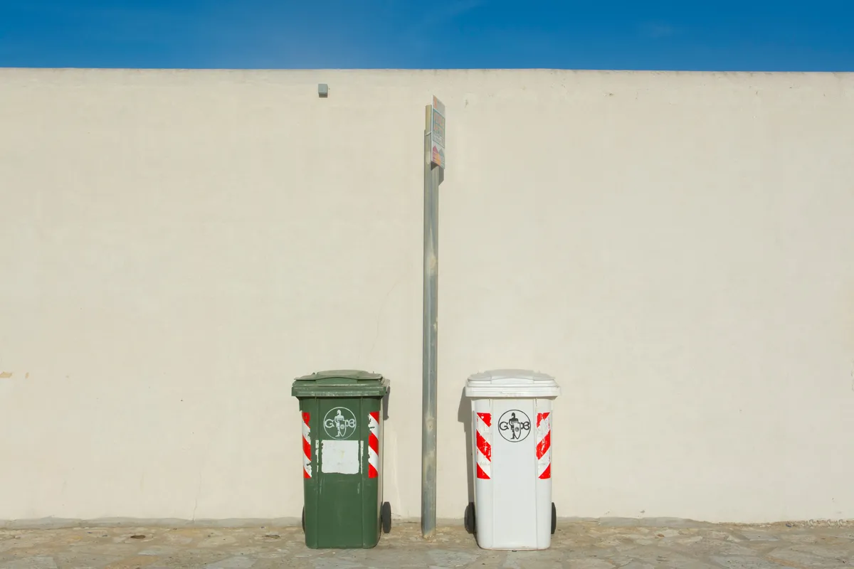 Two household waste bins standing outside, used for regular rubbish collection.