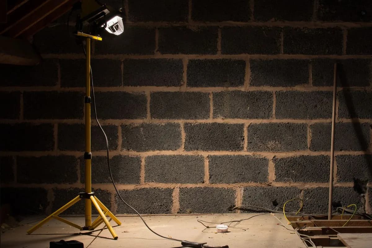 A yellow portable work lamp on a tripod lighting a bare blockwork wall in an otherwise dark, empty room.