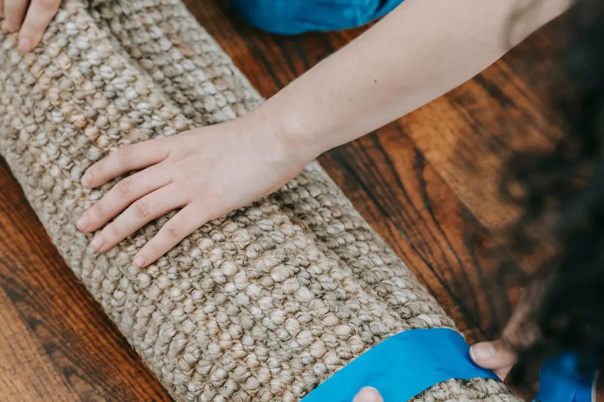 Two people rolling a jute rug tightly on a wooden floor and securing it with a strip of tape.
