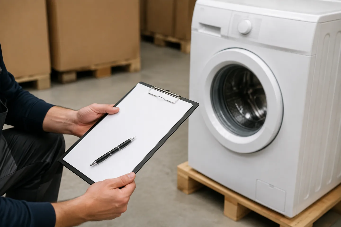Hands holding a blank clipboard beside an intact washing machine in a receiving area.