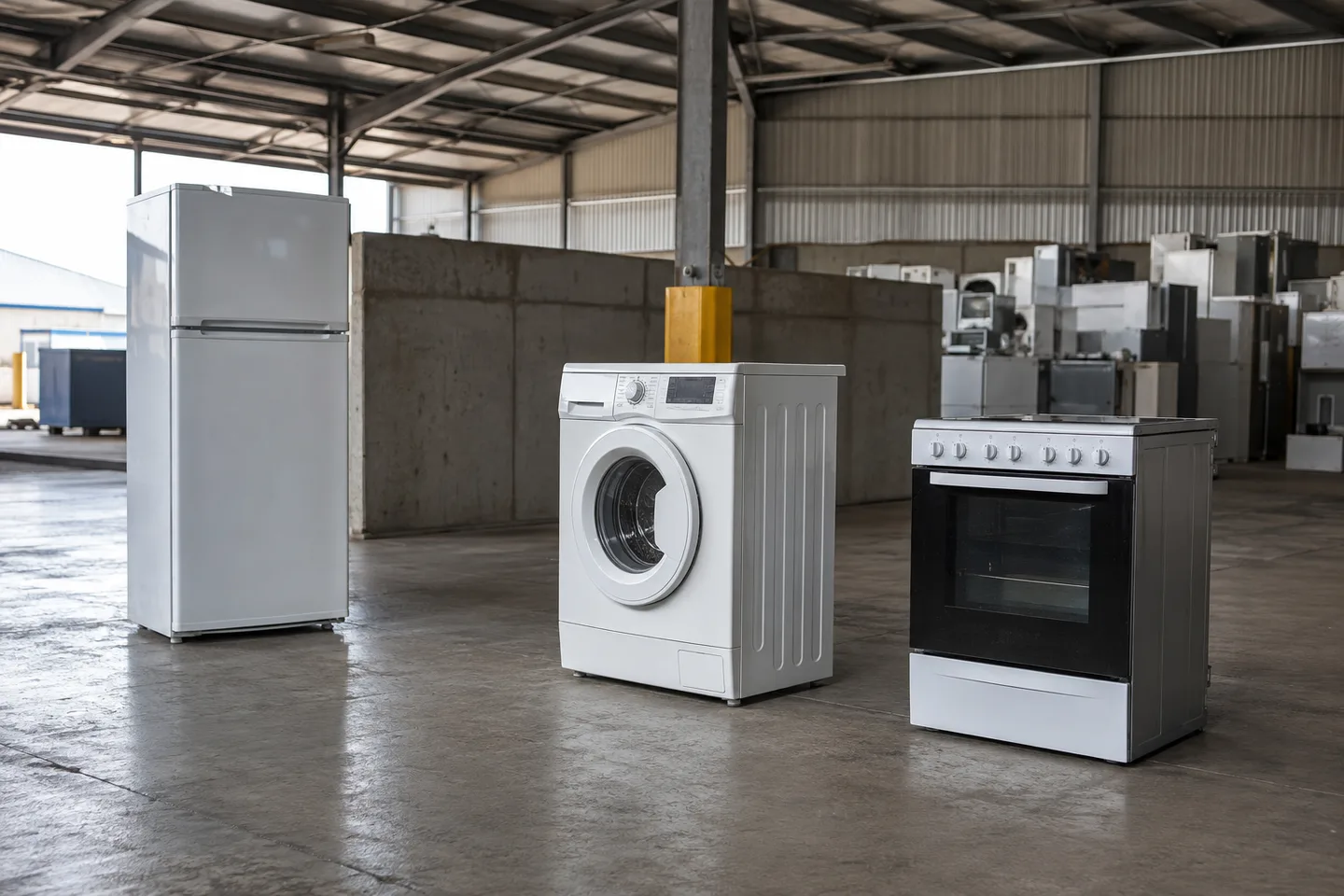 An intact refrigerator, washing machine and oven separated in a clean appliance receiving warehouse.