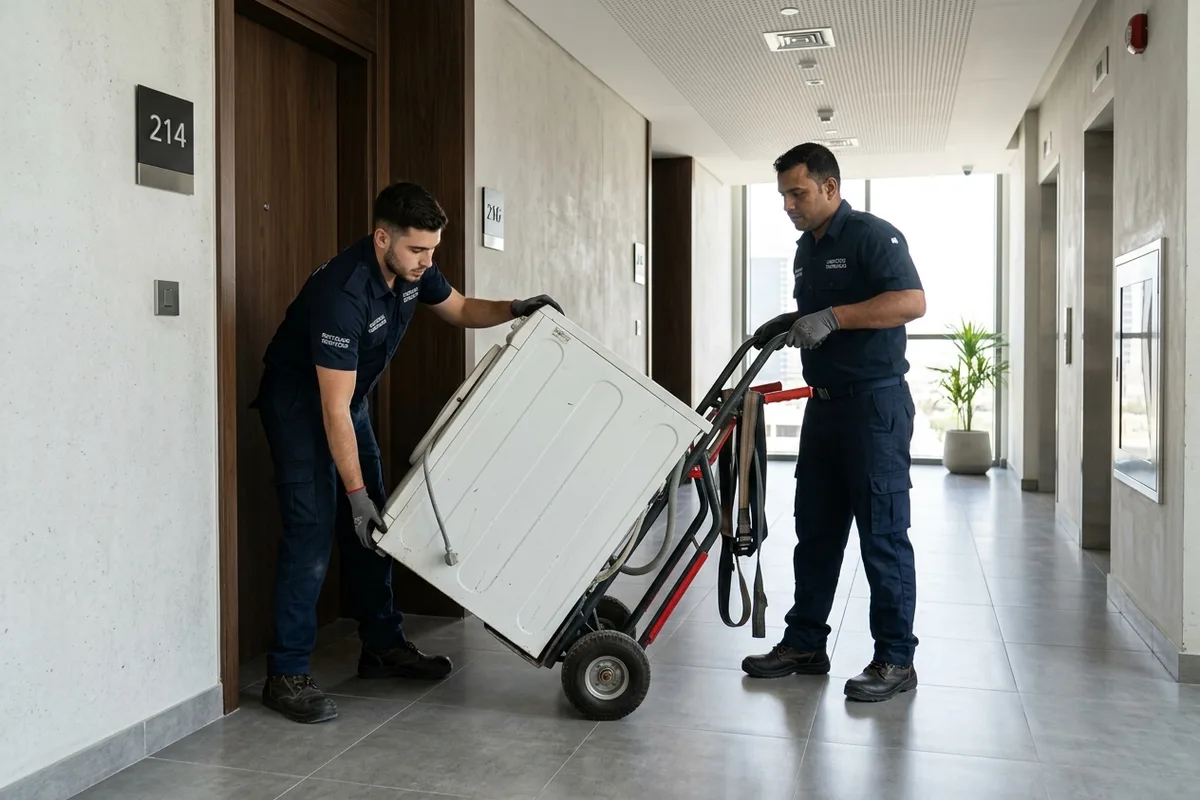 Two logistics technicians moving a decommissioned washing machine down a residential hallway on a hand truck for take-back recycling