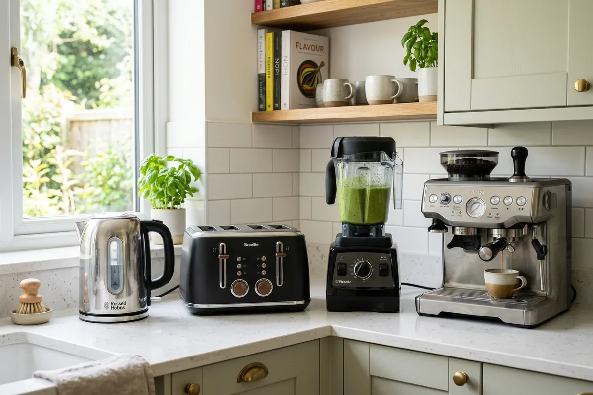 A collection of small kitchen appliances including an electric kettle, a toaster, a blender, and a coffee machine arranged on a kitchen countertop.