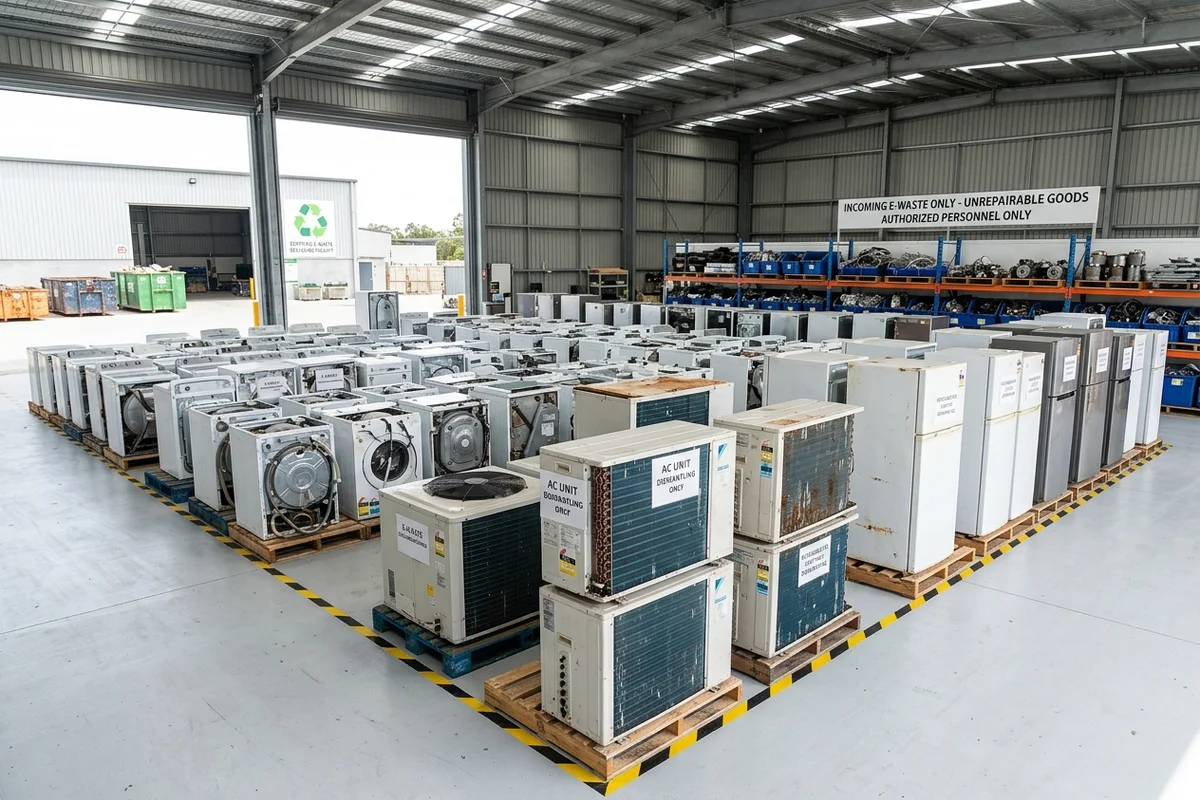 A clean, organized e-waste and appliance recycling facility in Dubai with rows of decommissioned air conditioner condenser units and refrigerators staged on pallets.