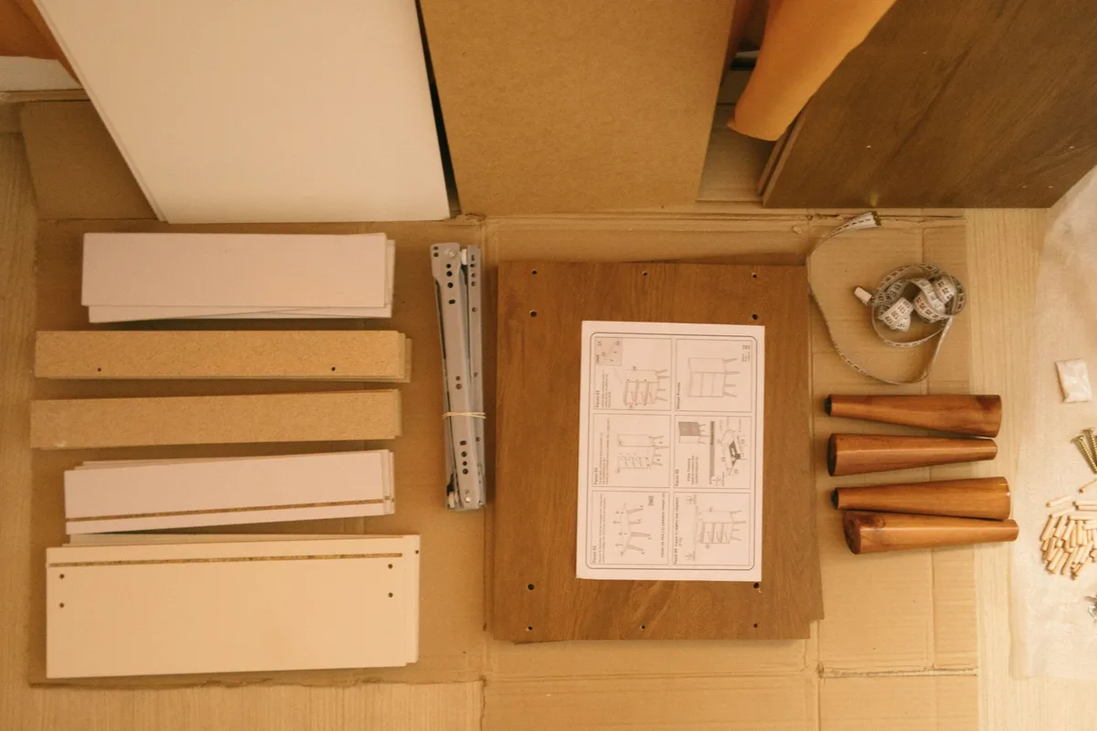 Furniture panels, drawer runners, wooden dowels and an instruction sheet laid out flat on cardboard on the floor.