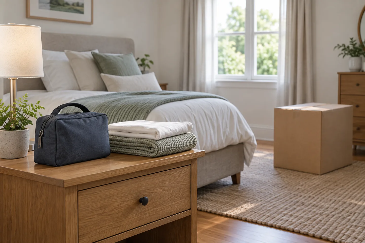 An overnight bag, folded bedding and a lamp on a bedside table, separate from a moving carton.