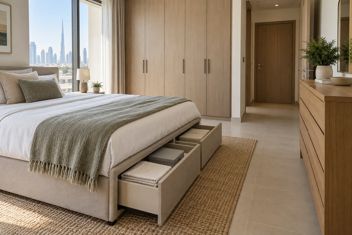 Open under-bed storage drawers and a chest of drawers in a bedroom with a clear walkway.
