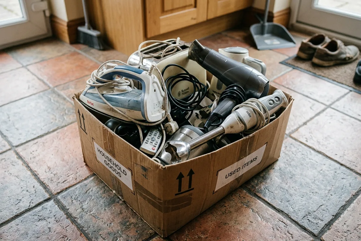 A sturdy cardboard box on a tiled floor filled with assorted used small household appliances including an electric iron, a hair dryer, and a kitchen hand blender.