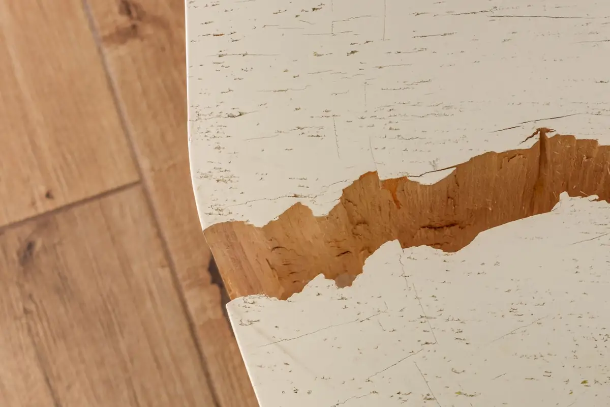 A close-up of a white painted table top with a large section split away along a crack, exposing raw pale wood beneath the paint.