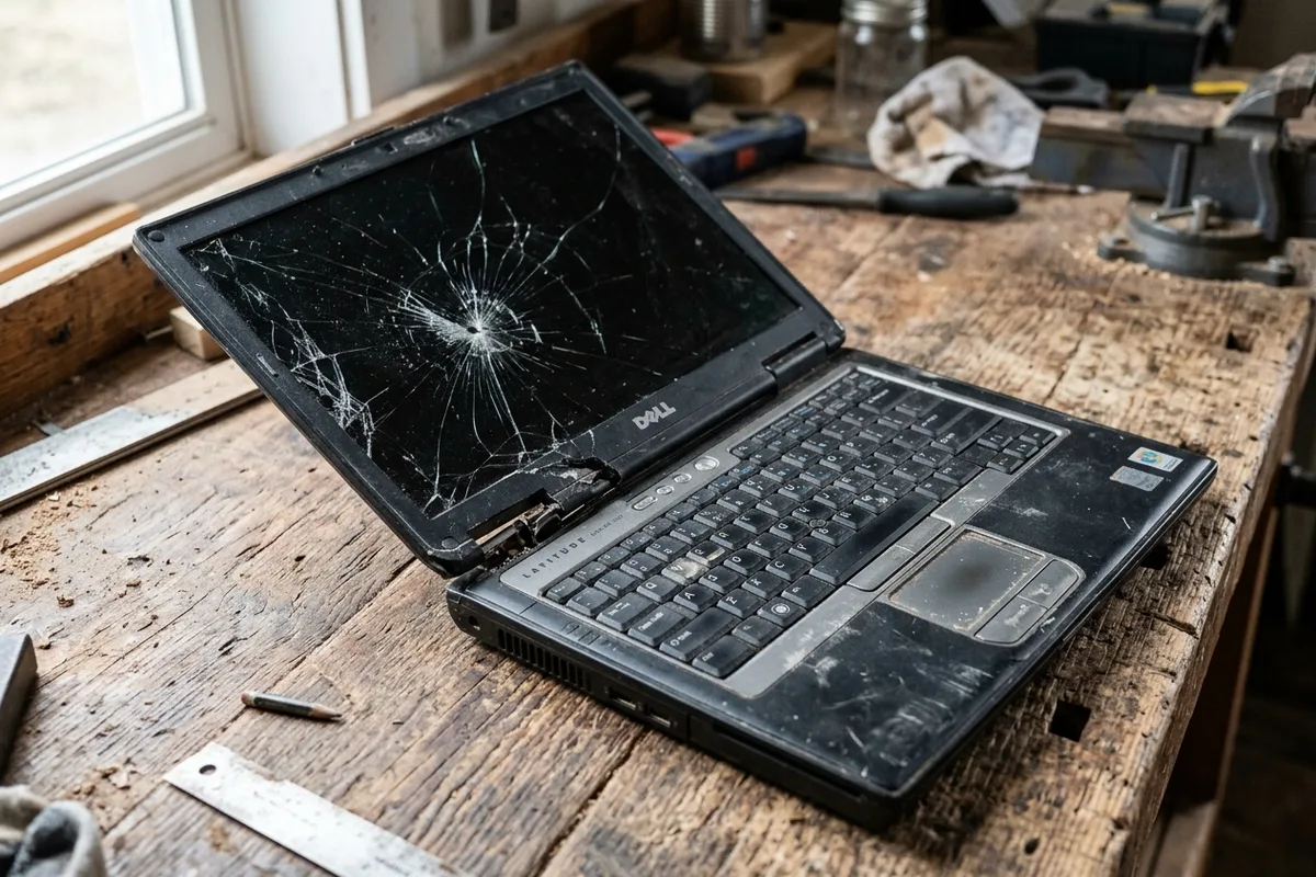 An old black laptop with a cracked screen and worn keyboard lying on a workbench