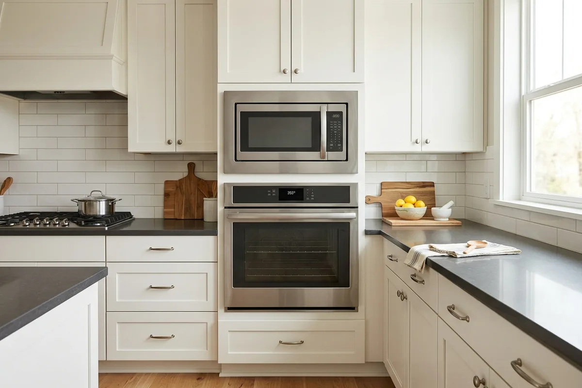 A built-in microwave integrated above a wall oven in a fitted kitchen cabinet column