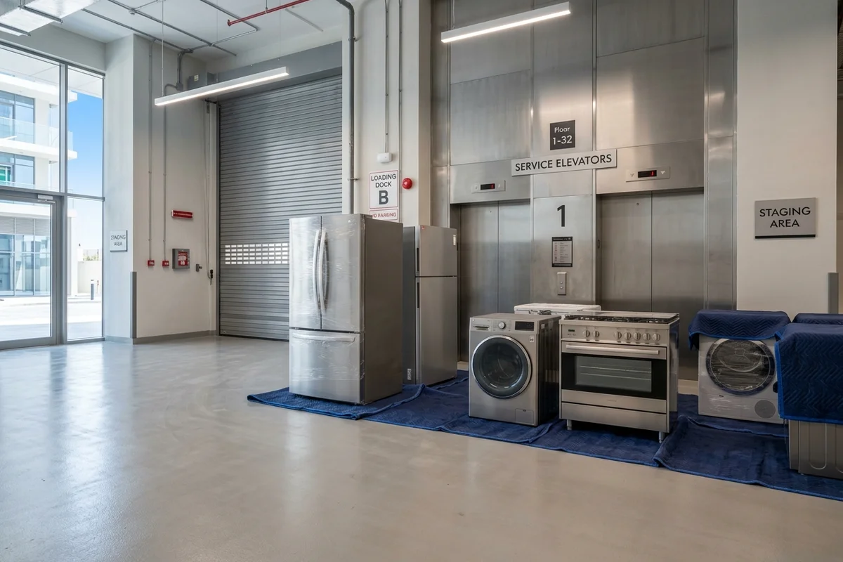 Multiple domestic appliances including stainless steel refrigerators and cooking ranges staged on protective blankets in a Dubai apartment building service loading bay.