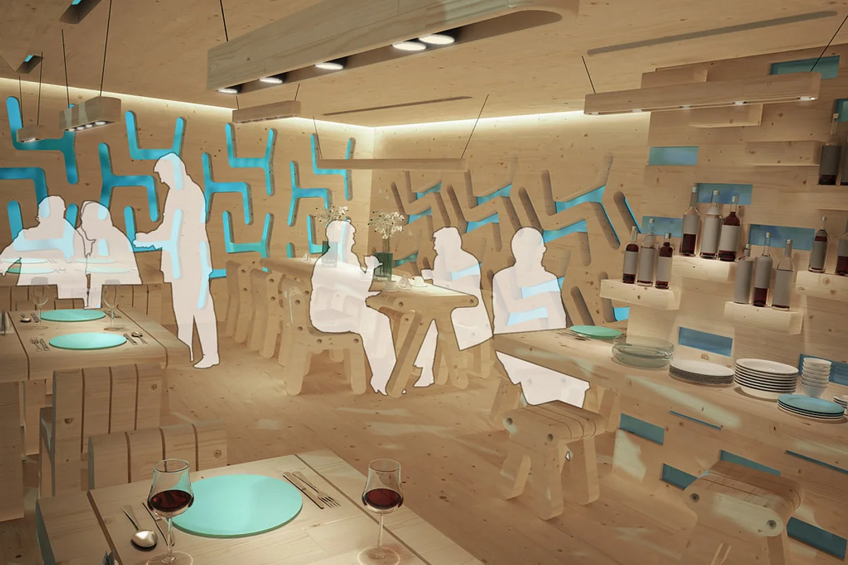 Modern cafe interior showing wooden dining tables and matching bistro chairs arranged across polished flooring