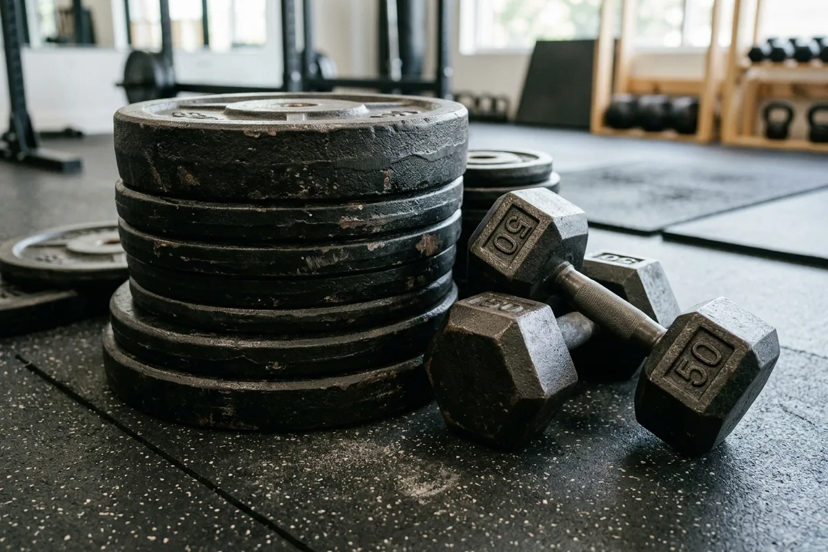 Heavy cast-iron weight plates stacked beside hex dumbbells on a black rubber gym floor mat