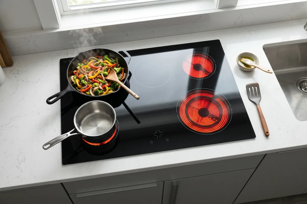 A ceramic glass cooktop hob built into a white kitchen countertop with four burner zones