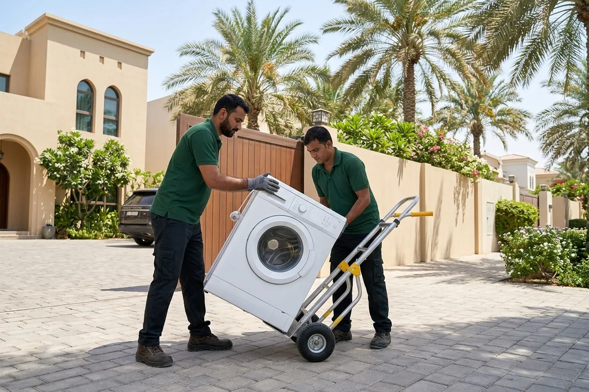 Two charity collection workers loading a clean working washing machine onto a hand truck outside a Dubai villa