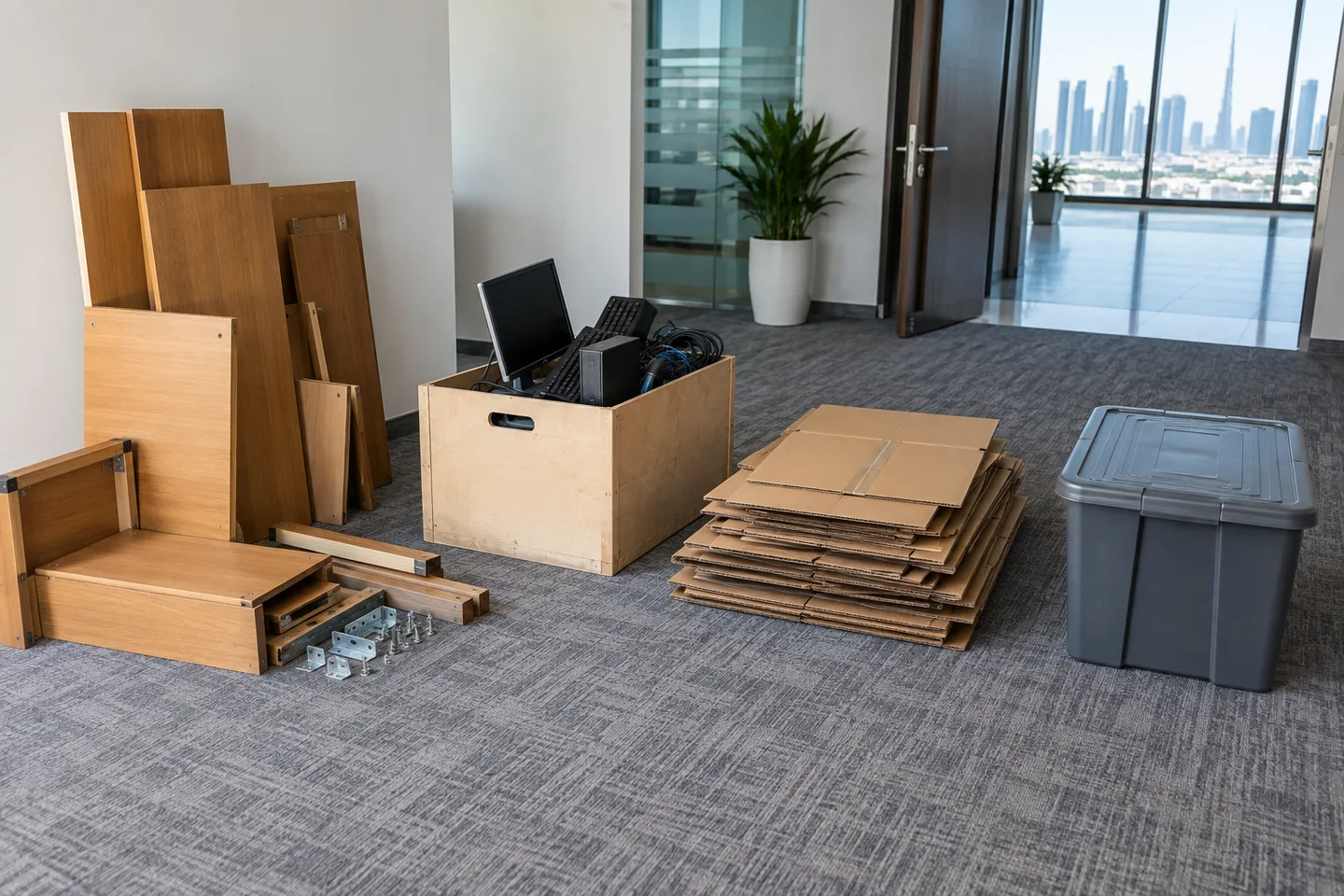 Dismantled timber desk panels and fixings, a crate of monitors and keyboards, flattened cartons and a lidded tub set out on an empty office carpet