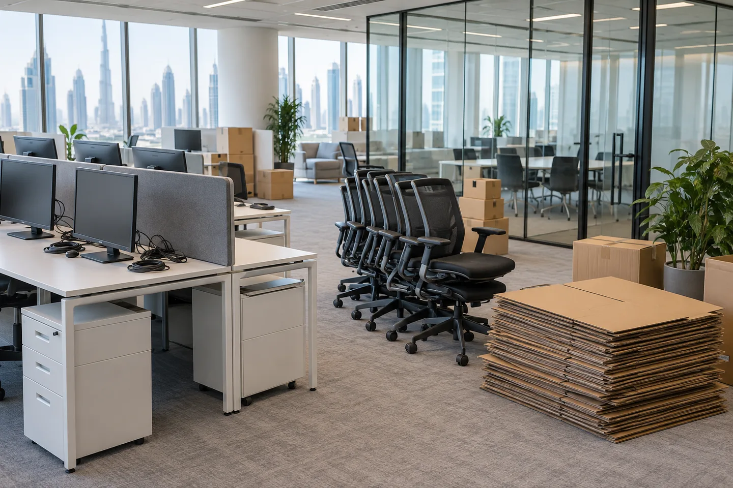 Office chairs, desks, computer monitors and flattened cardboard separated inside a commercial workspace