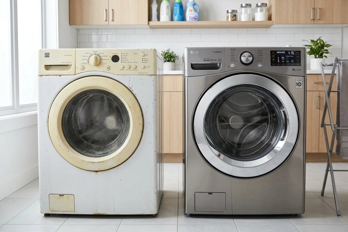 A side-by-side comparison in a home laundry room showing an aged front-load washing machine next to a modern high-efficiency inverter model.