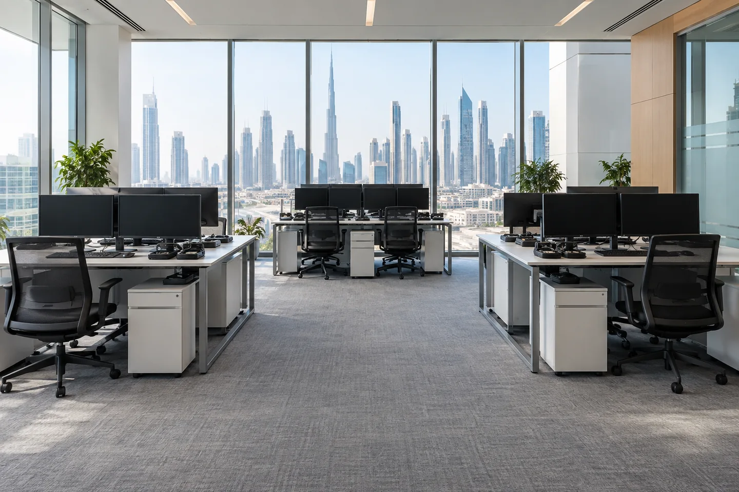 Three groups of office desks, chairs, monitors and accessories arranged as complete workstations