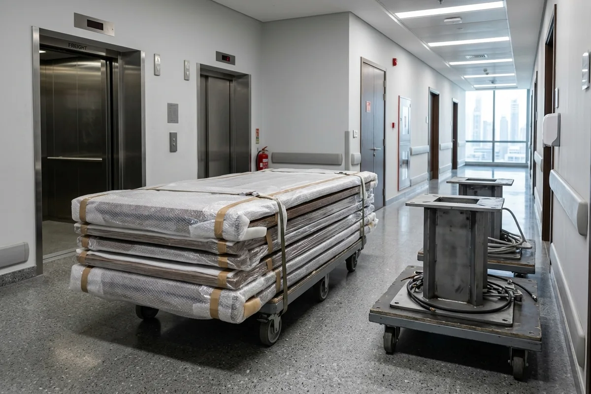 Bubble-wrapped conference table top sections stacked securely on a transport dolly beside steel pedestal bases in a commercial high-rise service corridor