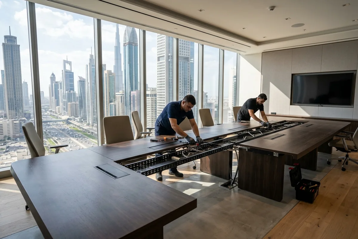 Technicians in a high-rise Dubai corporate boardroom uncoupling internal cable raceways and sectional timber panels of a large executive conference table
