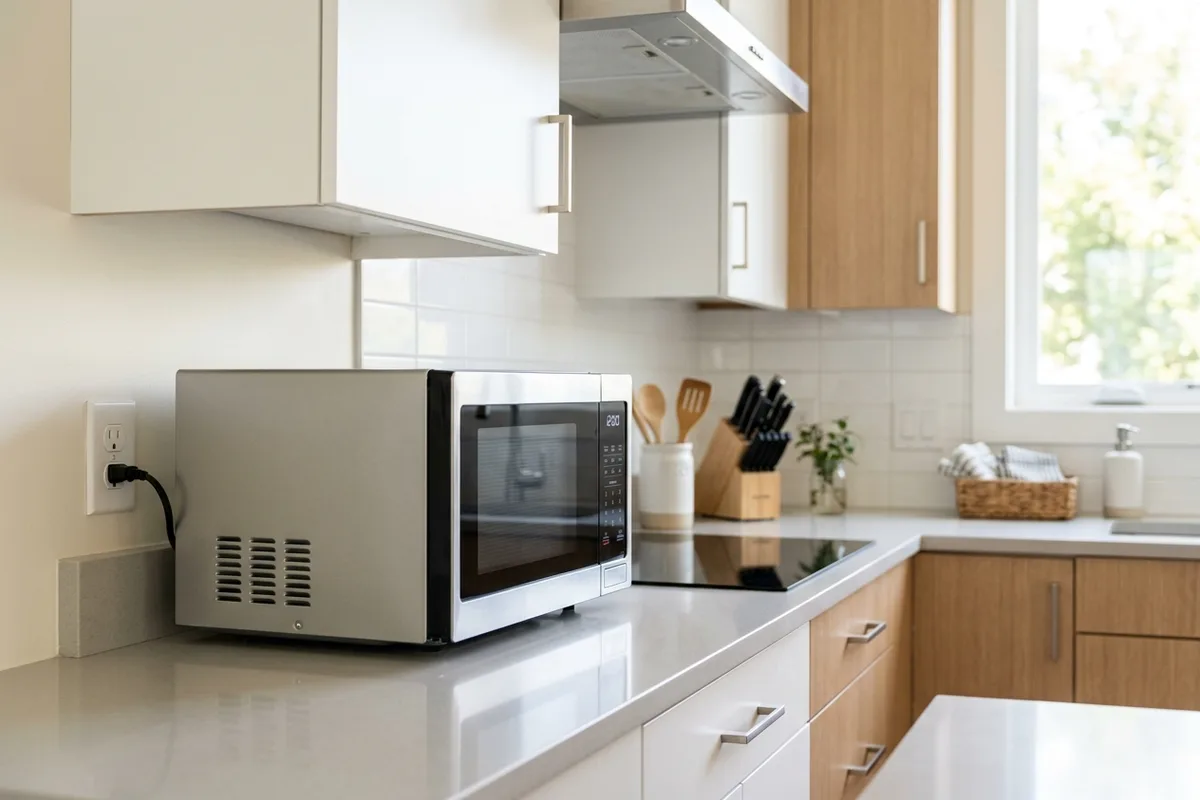 A stainless-steel countertop microwave oven sitting on a kitchen counter beside a wall socket