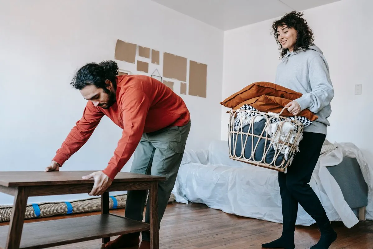 A man lifting a wooden side table while a woman carries a basket of cushions past a sofa covered in a dust sheet and a rolled, taped rug in a half-cleared living room.