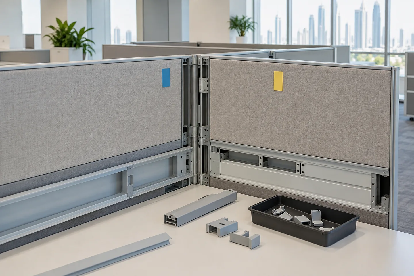 An office technician inspecting cables and connectors within a partitioned desk system before clearance