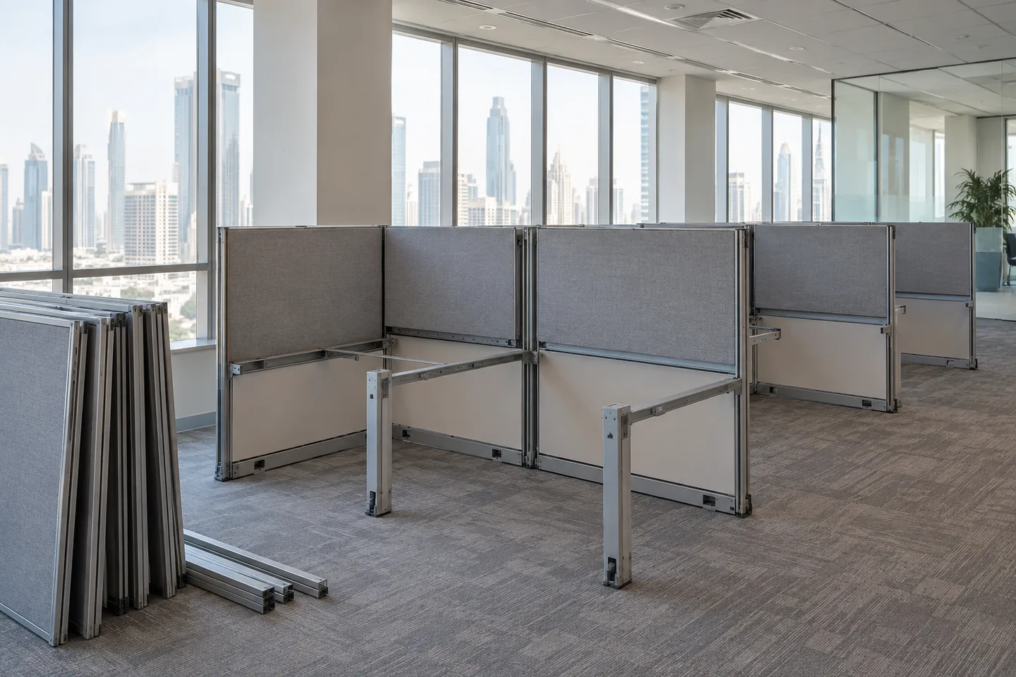 Partly dismantled fabric office cubicles with divider panels stacked upright beside the remaining frames