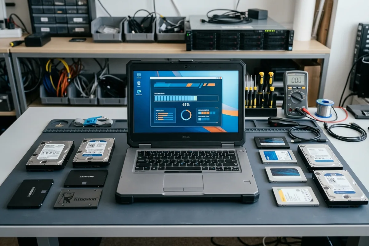 A laptop on a technician workbench showing data sanitization software progress alongside disconnected hard drives and SSDs