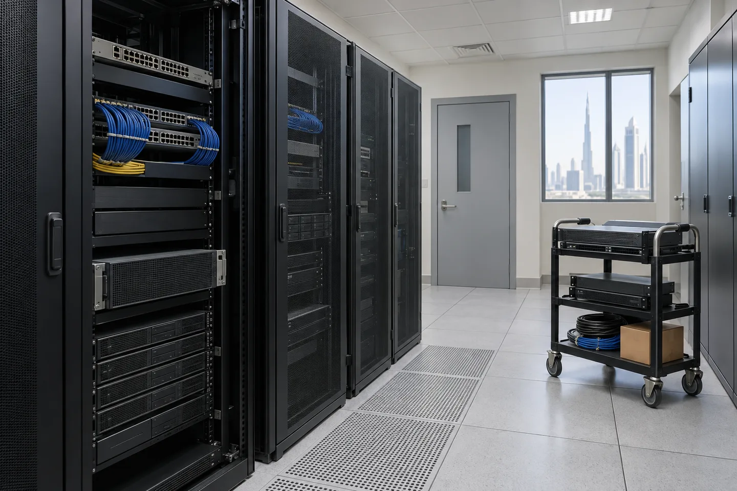Powered-down server racks beside a trolley holding released rack equipment and coiled network cables
