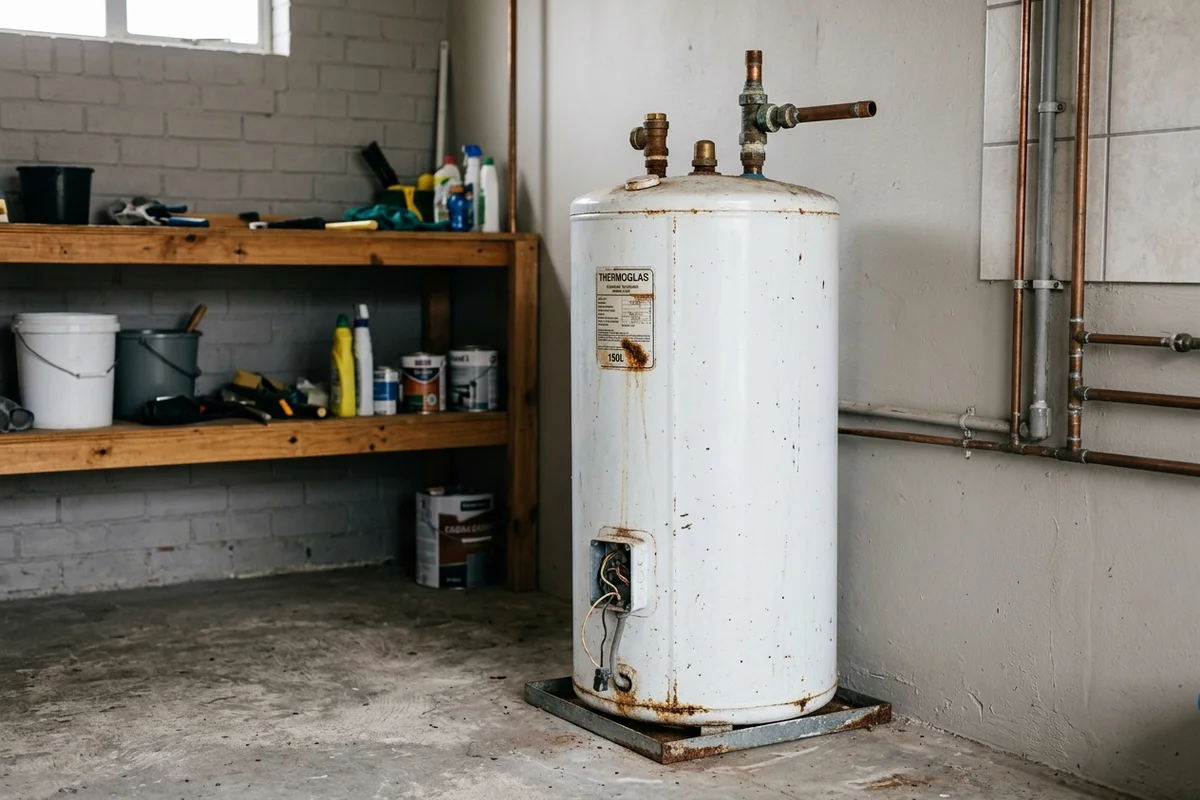 A decommissioned and drained cylindrical water heater tank standing detached on the floor.