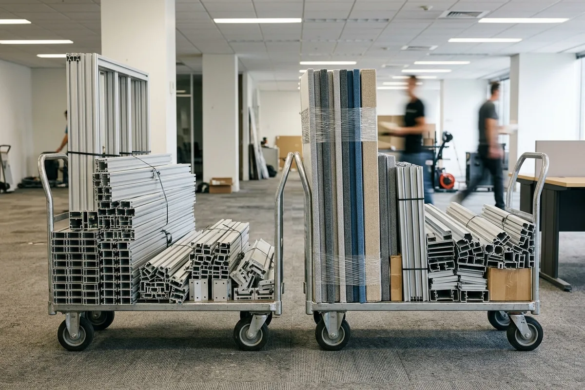 Disassembled aluminium extrusion partition profiles and acoustic felt panels organized by material group on transport trolleys in an office floor