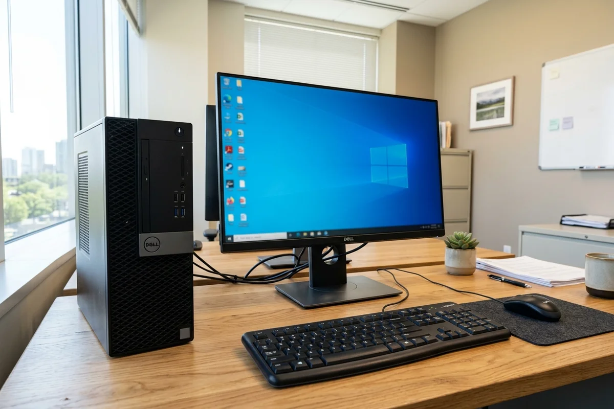 A desktop PC computer tower casing, monitor, keyboard, and mouse on an office desk.