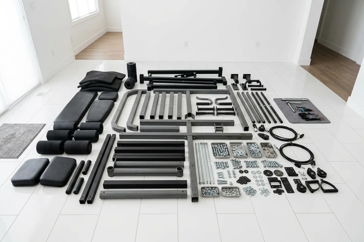 Disassembled exercise machine with steel frame parts, padding, and hardware laid out on a tiled floor