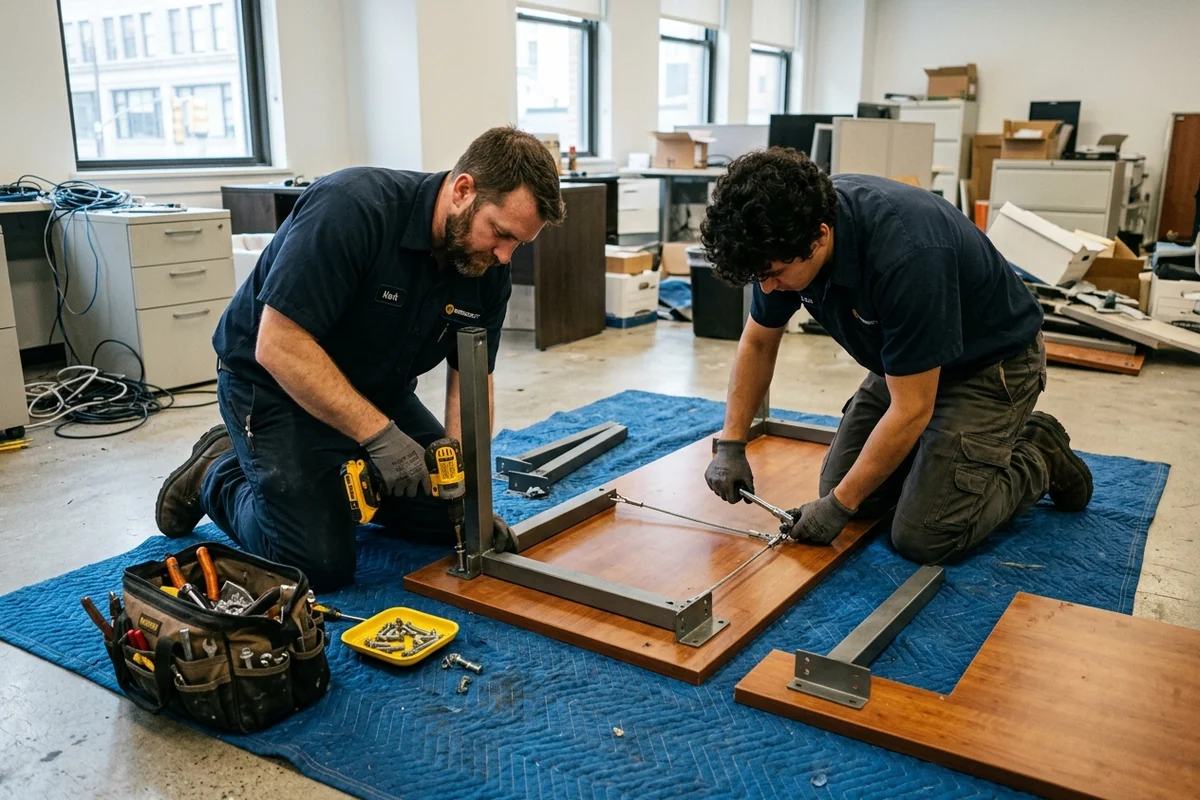 Clearance technicians using hand tools to separate steel legs and brackets from laminated desktop panels