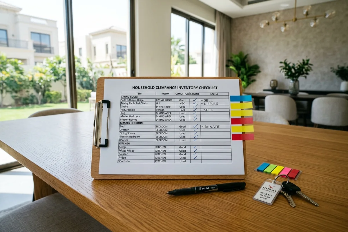 Detailed household clearance inventory checklist on clipboard with color-coded sticky tags on a Dubai dining table