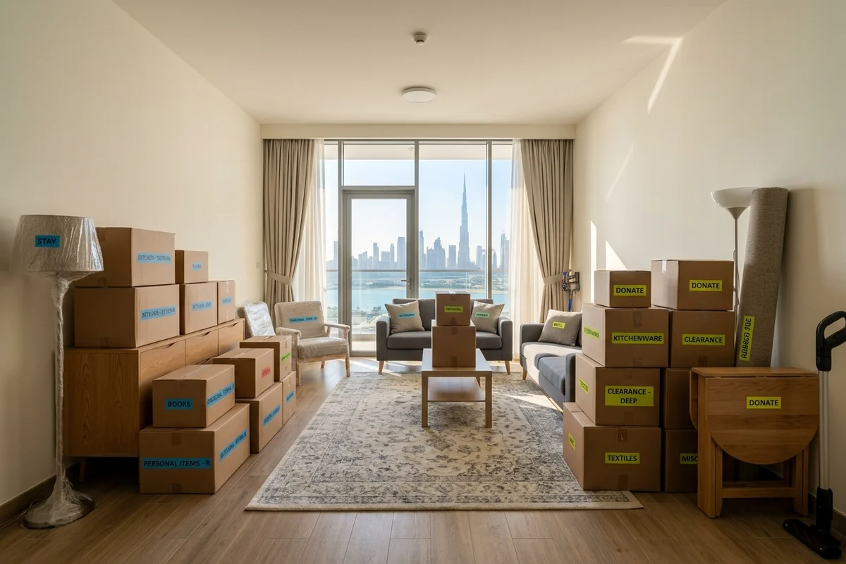 Stacked household cartons and furniture divided into retained and clearance sections in a Dubai apartment