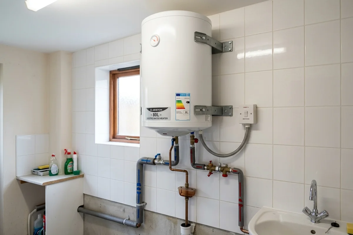 A white cylindrical domestic electric storage water heater tank mounted on a tiled utility wall.