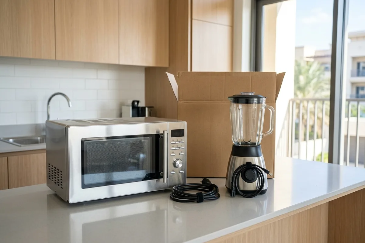 Clean working microwave oven and countertop appliances neatly prepped on a kitchen counter for charitable donation