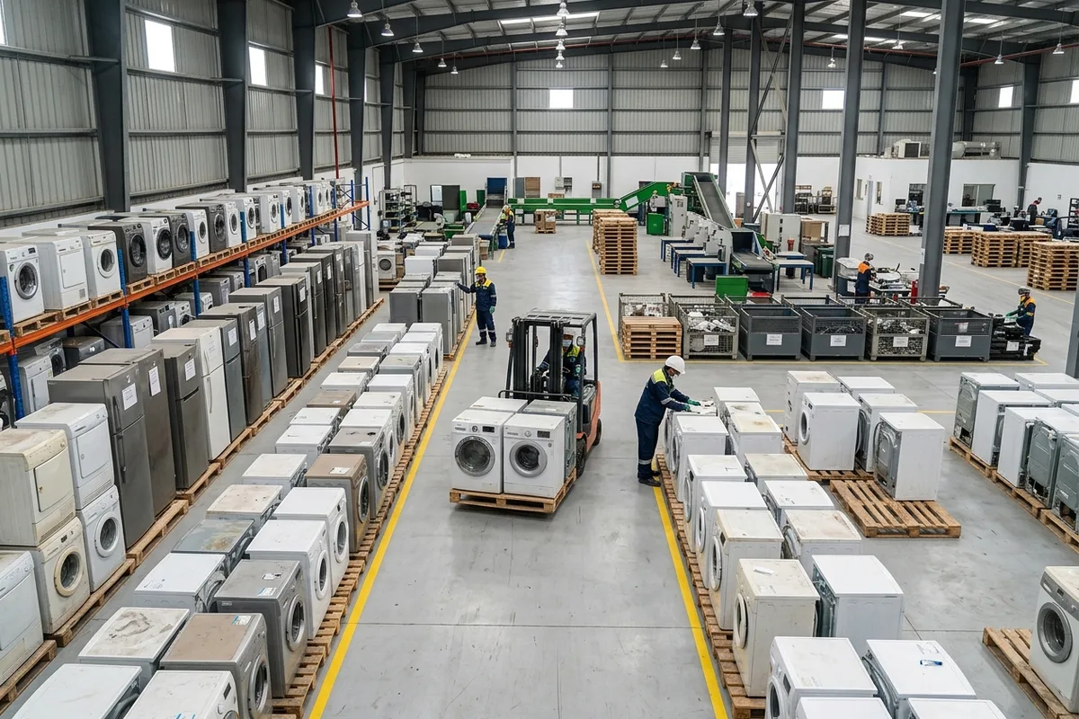 An organized industrial e-waste recycling depot in the UAE with sorted home appliances on pallets