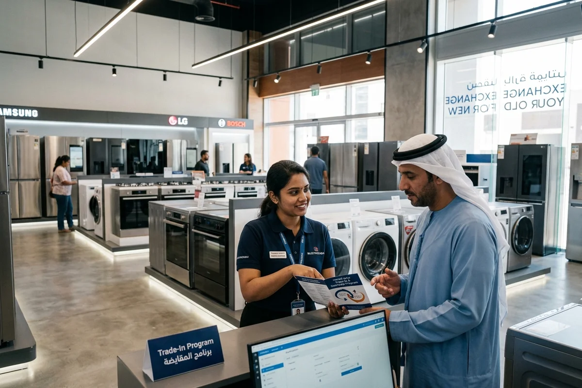 An Emirati customer discussing an appliance exchange trade-in program with a showroom specialist in a modern Dubai retail store.