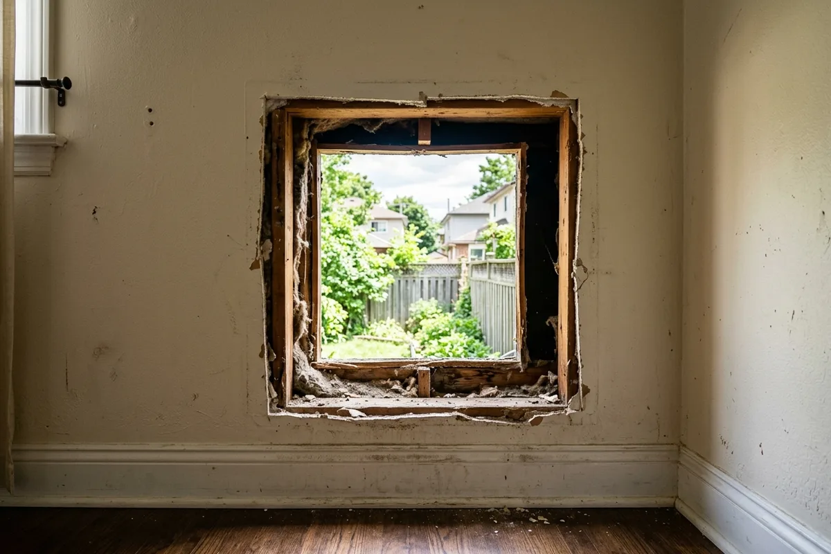 An empty rectangular wall aperture with timber framing after window air conditioner extraction