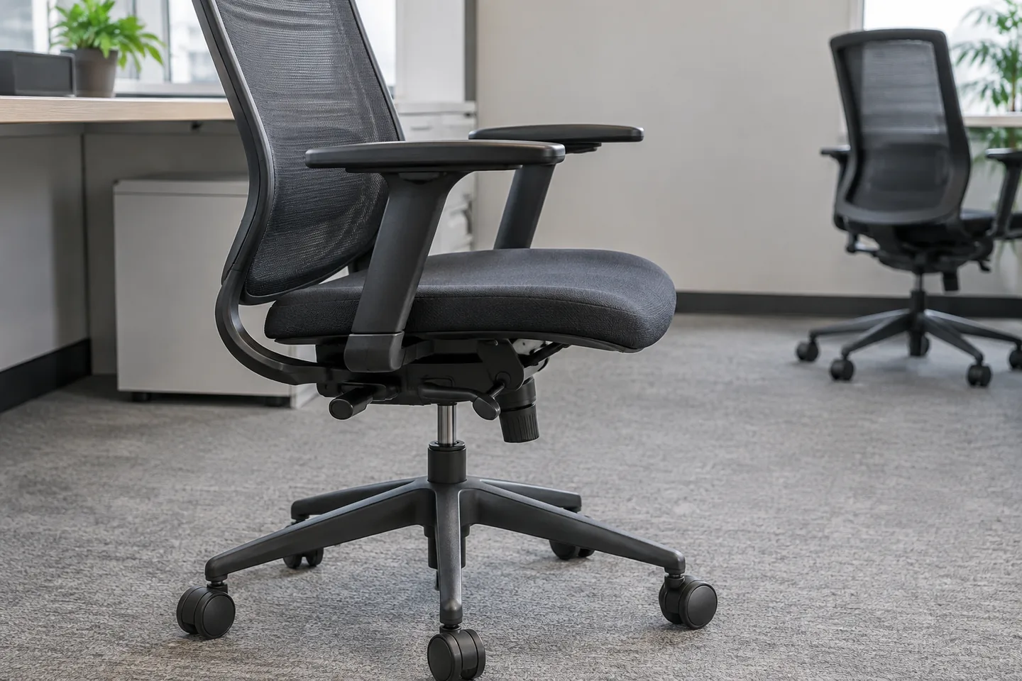 A mesh ergonomic office chair viewed from the side with its castors, gas lift and adjustment controls visible