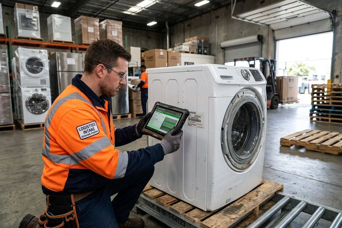 A logistics specialist using a tablet to inspect and grade the condition of a returned trade-in washing machine in a warehouse receiving bay.