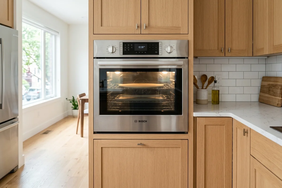 A modern stainless steel built-in electric wall oven fitted into kitchen cabinetry.