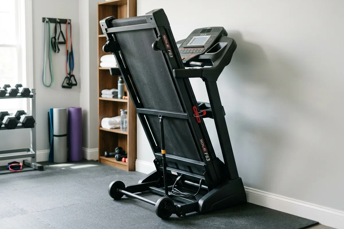 A heavy-duty home fitness treadmill with its running deck folded up vertically and locked with the safety pin latch, showing the transport wheels at the base.