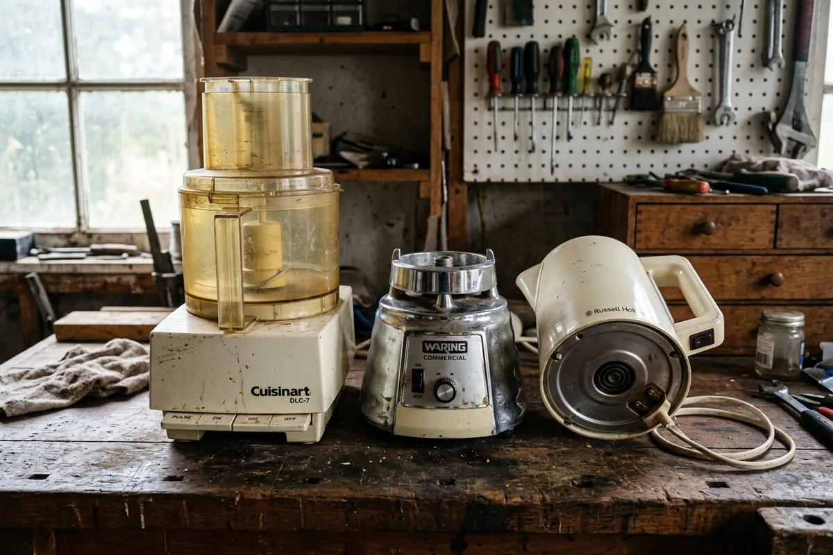 An old countertop food processor, a blender base, and a detached electric water kettle sitting together on a workbench.